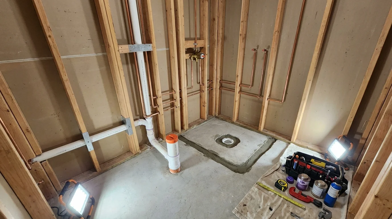 Bathroom rough-in plumbing during remodel by Johns Plumbing LLC in Reedley