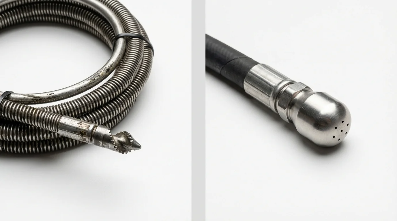 Drain snake cable and hydro jetting nozzle used for drain cleaning in Reedley, CA