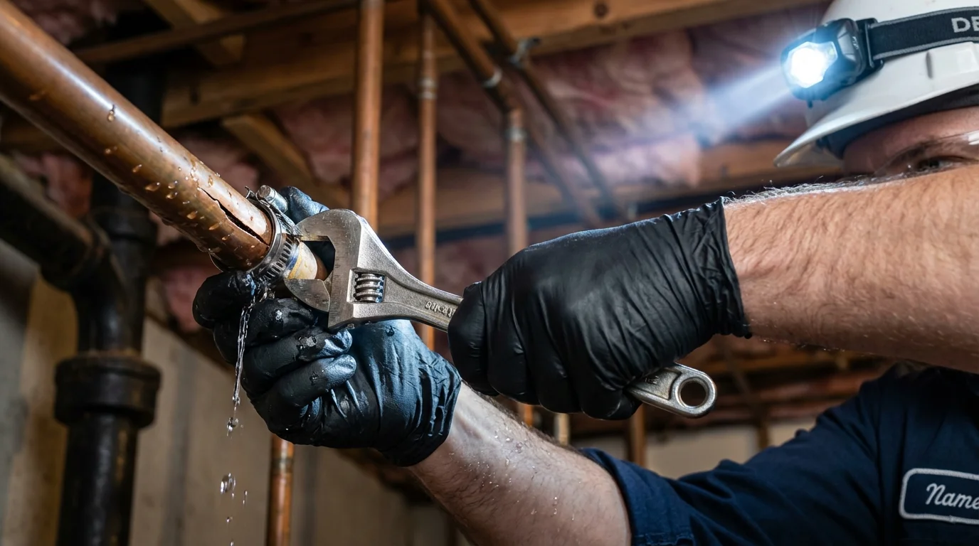 Emergency pipe clamp repair being performed by a Johns Plumbing LLC plumber in Reedley
