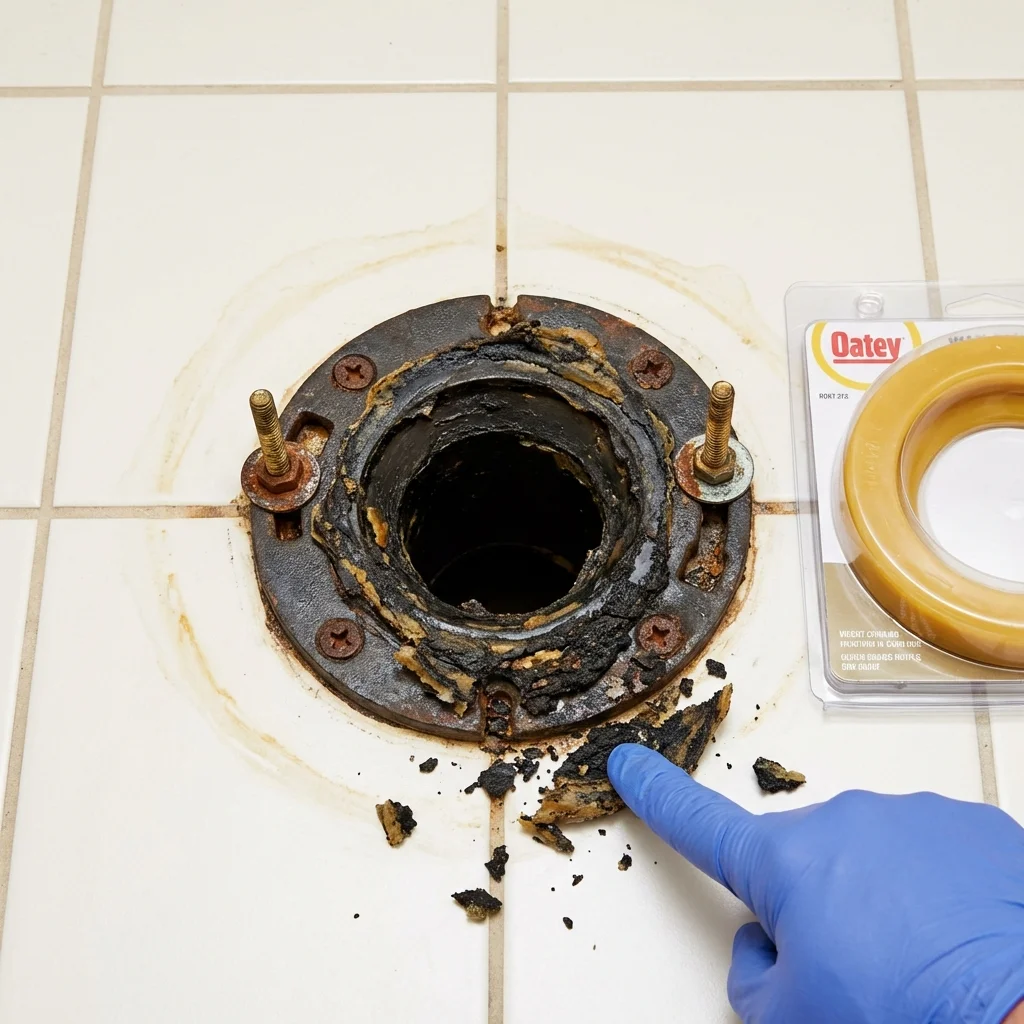 Failed wax ring showing water seepage at the base of a toilet in a Reedley, CA home