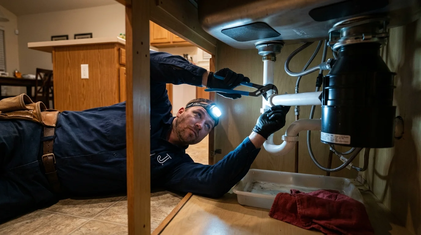 P-trap and supply line connections under a kitchen sink showing a common leak point in Reedley, CA